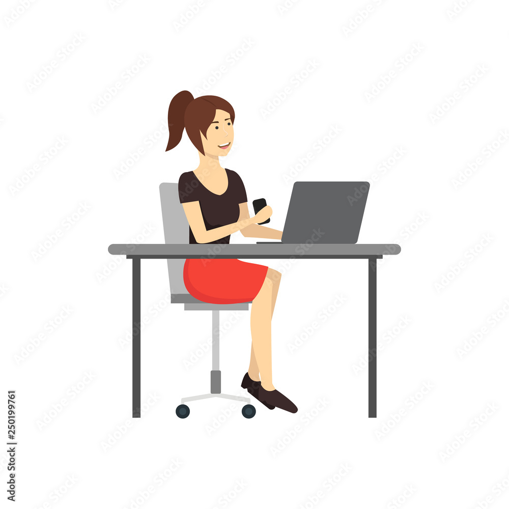 Cartoon Character Woman Works at the Computer. Vector Cartoon Character Woman Works at the Computer. Vector