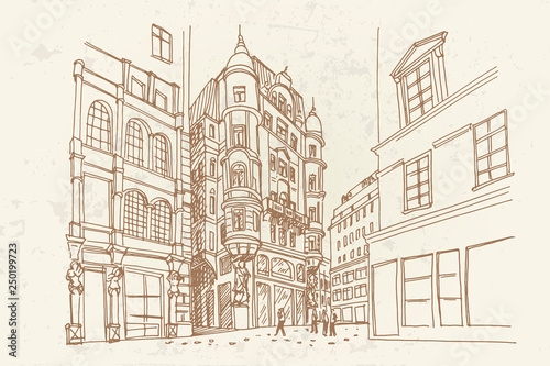 vector sketch of architecture in Graben street in Vienna, Austria.