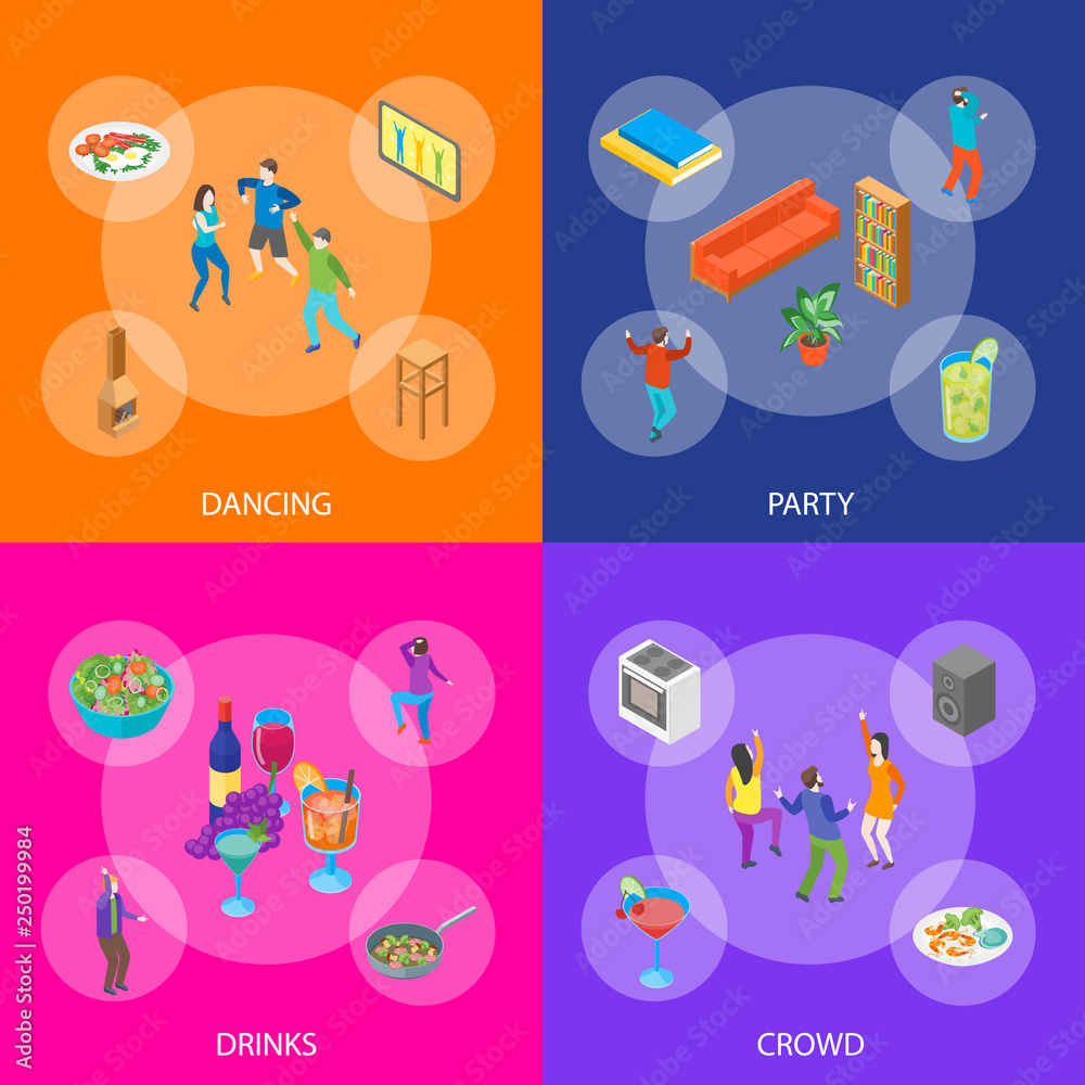 Home Party Concept with Furniture and People Banner Set Isometric View. Vector