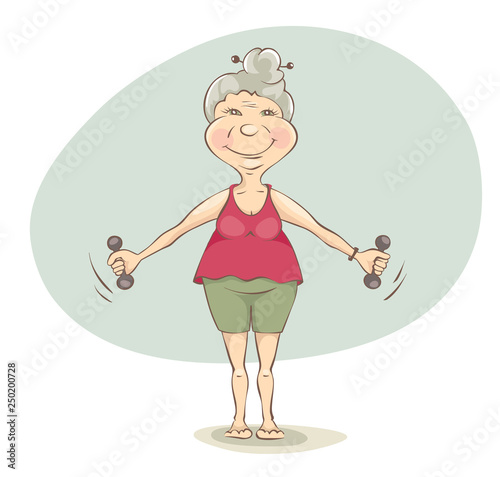 Healthy lifestyle. Elderly woman doing gymnastics, vector illustration.
