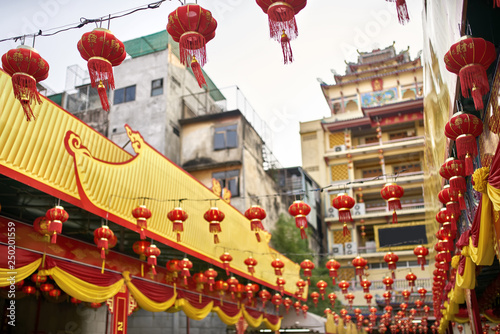 Photography Asian city street decorated with traditional red chinese lanterns