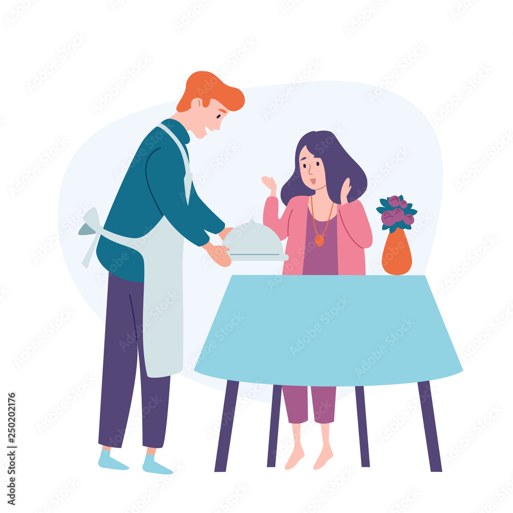 Man serve table, bring food to his wife Husband feeding woman