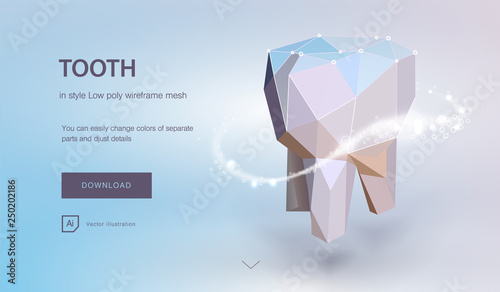 Tooth. tooth dental 3d low poly geometric model. Dentistry innovation future technology titan metal thread. Medical healthy science blue polygonal point line vecto