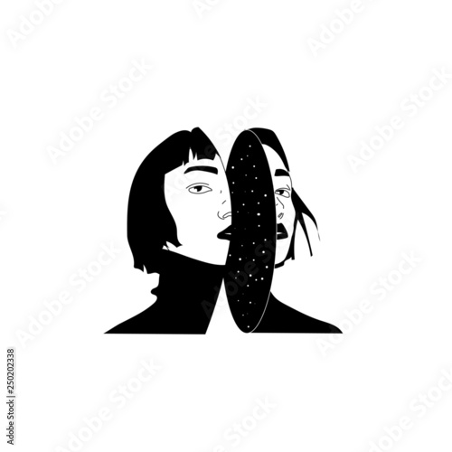  Figure of a woman in the style of boho, cosmic style, graphic vector illustration, portrait of a woman, space inside, esoteric, mysticism. Surrealism hand drawn illustration 