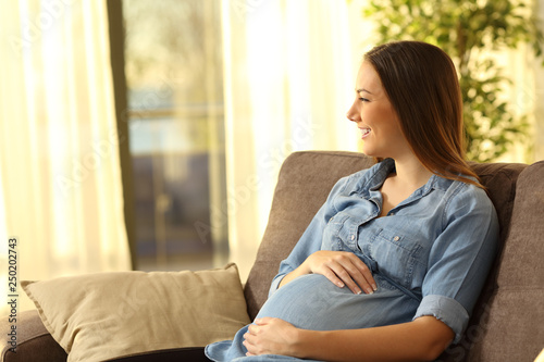 Happy pregnant woman rests at home looking away