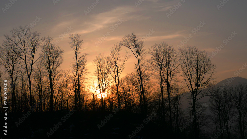 Amazing and beautiful view of the mountains in the rays of the setting sun
