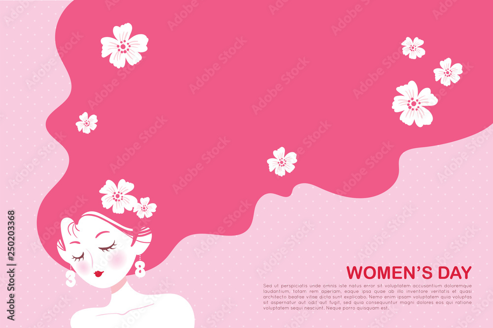 8 march - International Women's Day template design or copy space. Hand drawn woman with long hair in flat vector illustration.