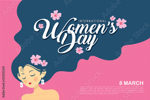 8 march - International Women's Day template design or copy space. Hand drawn woman with long black hair in flat vector illustration.