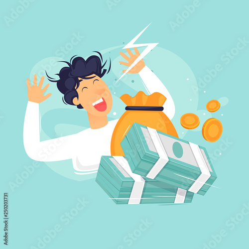 Man is glad a lot of money, success, good luck. Flat design vector illustration.