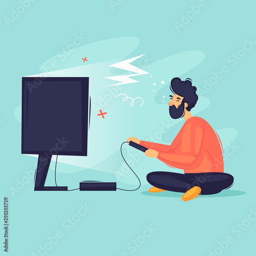 Guy plays video games. Flat design vector illustration.