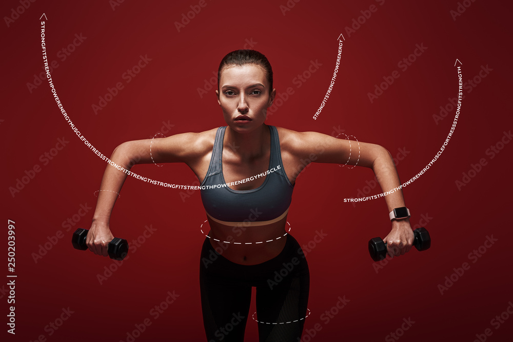 Everyday is a choice. Sportswoman holds dumbbells standing over red background. Graphic drawing.