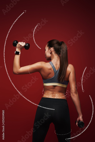 Sporty beauty. Sportswoman holds dumbbells standing over red background. Graphic drawing.