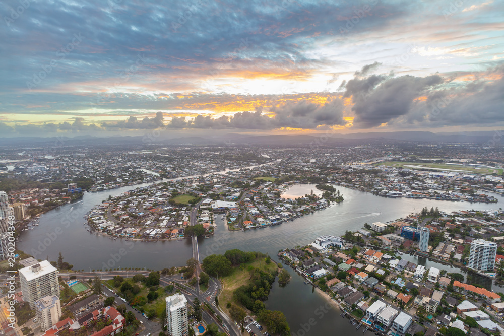 Aerial view of the Gold Coast and Nerang River at sunset