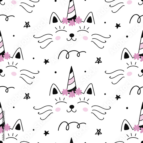 Vector Cat unicorn Caticorn seamless pattern