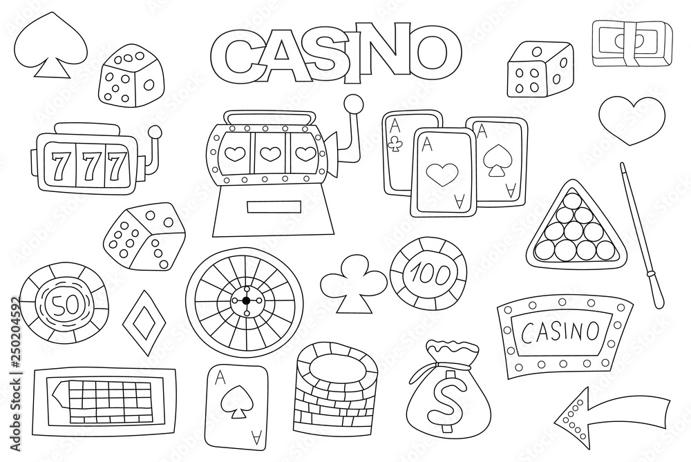 Casino set of icons and objects. Hand drawn doodle gambling entertainment design concept. Black and white outline coloring page game. Monochrome line art. Vector illustration.