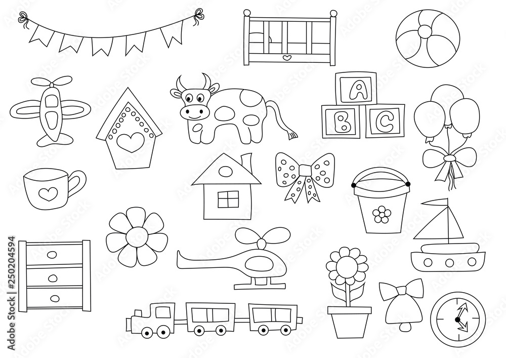 Kids toys set of icons and objects. Hand drawn doodle children room design  concept. Black and white outline coloring page game. Monochrome line  art.Vector illustration. Stock Vector | Adobe Stock