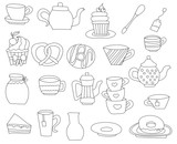 Tea time set of icons and objects. Hand drawn doodle traditional cups and kettles design concept. Black and white outline coloring page game. Monochrome line art. Vector illustration.