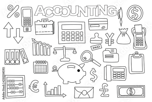 Accounting and management set of icons and objects. Hand drawn doodle business design concept. Black and white outline coloring page game. Monochrome line art. Vector illustration.