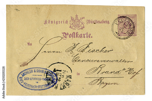 Old postcard of the late 19th century, business letter, Coat of arms, postmark, stamp. 1885, Kingdom of württemberg, German Empire, Germany