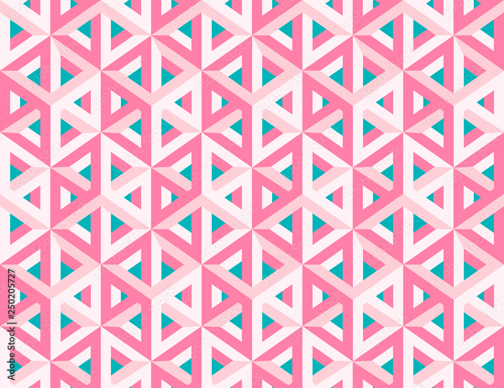 Impossible figures isometric 3d hollow cubes seamless pattern in Escher style, imp-art. Gradient pattern. Pink background.