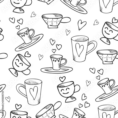 Vector outlined seamless pattern with cups and hearts © AJ Vector World