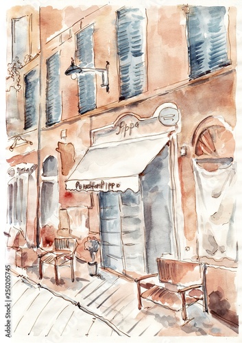 Old Italian street. Watercolor cityscape painting.