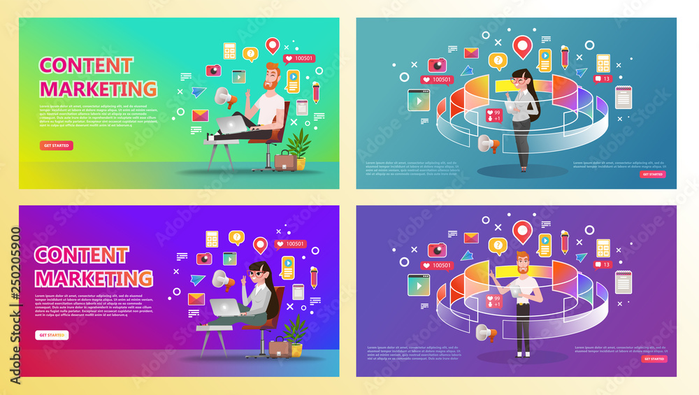 Content marketing landing page set. Abstract illustration of content icons around professional - vector