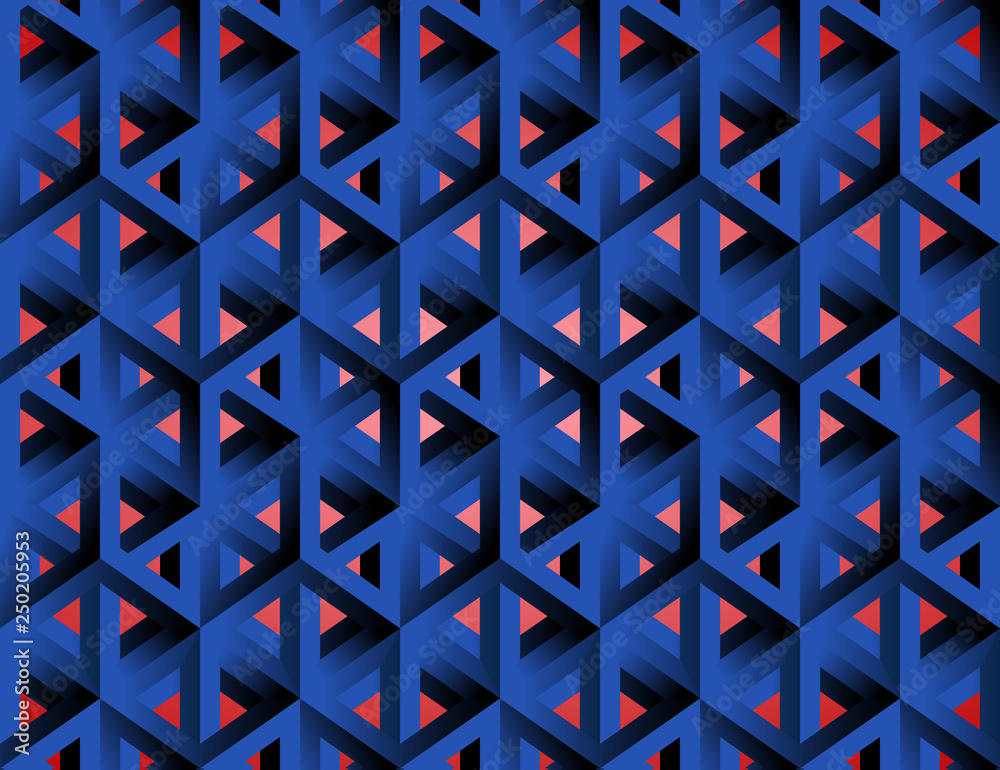 Impossible figures isometric 3d hollow cubes seamless pattern in Escher style, imp-art. Gradient pattern. Blue background.