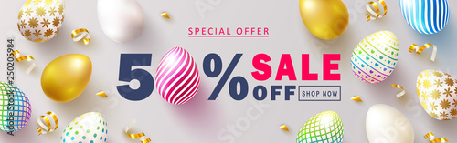 Happy Easter Sale banner.Beautiful Background with colorful eggs and golden serpentine. Vector illustration for website , posters,ads, coupons, promotional material