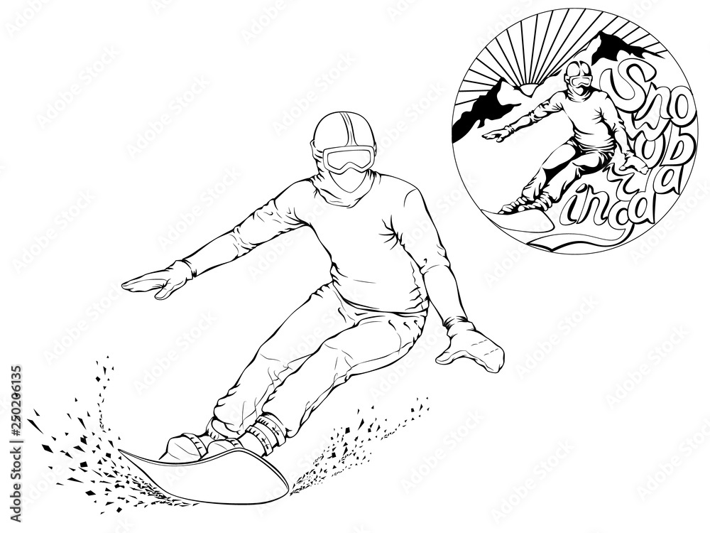 Snowboarder with a board on his shoulders. Winter sports background. Black and white linear art and logo