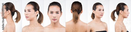 Asian Woman before after applying make up hair style. no retouch, fresh face with acne, lips, eyes, cheek, nice smooth skin. Studio lighting white background, for aesthetics therapy treatment