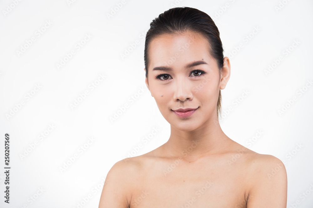 Asian Woman after applying make up hair style. no retouch, fresh face with acne, lips, eyes, cheek, nice smooth skin. Studio lighting white background, for aesthetics therapy treatment Asian Woman after applying make up hair style. no retouch, fresh face with acne, lips, eyes, cheek, nice smooth skin. Studio lighting white background, for aesthetics therapy treatment