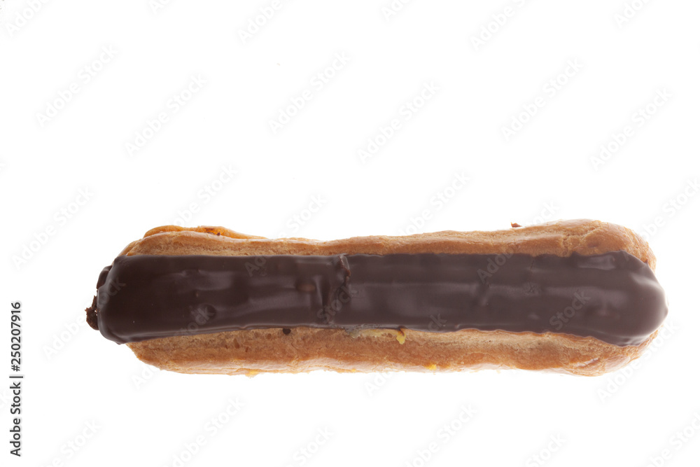 Chocolate covered eclaire isolate on white background Chocolate covered eclaire isolate on white background
