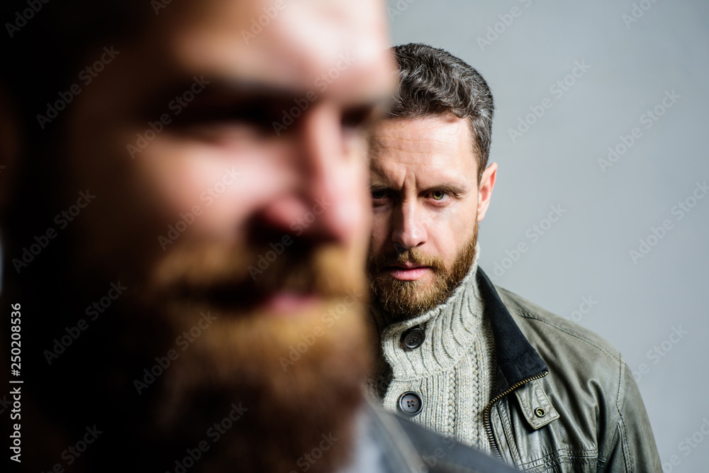 Man bearded guy stand behind back of friend hipster. True friend always near. Someone behind you. Stand beside you. Friendship trust and support. Trustful relations. Feel support of real friend Man bearded guy stand behind back of friend hipster. True friend always near. Someone behind you. Stand beside you. Friendship trust and support. Trustful relations. Feel support of real friend