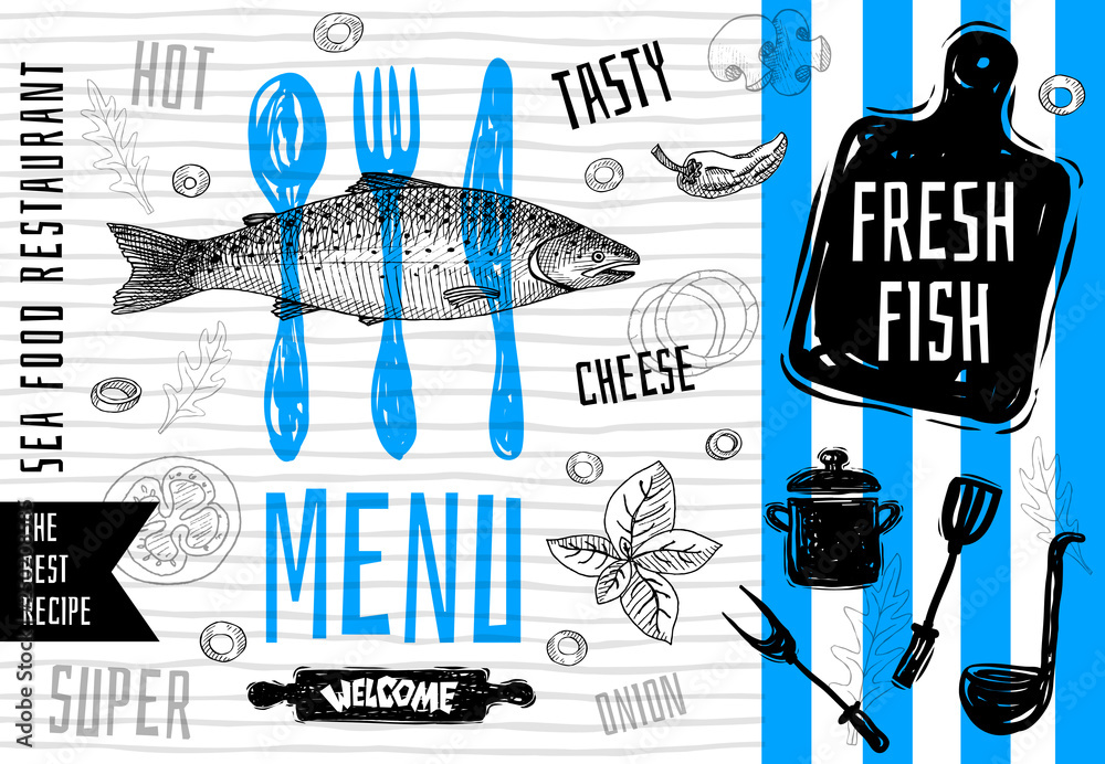 Seafood menu logo design, cutting board, soup, pot, fork, knife, vintage  sea fish salmon food menu lettering stamp design. The best recipes. Hand  drawn vector illustration. Stock Vector