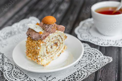 Sugar dessert concept. Baked cake on plate