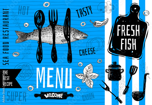 Seafood menu logo design, cutting board, soup, pot, fork, knife, vintage sea fish salmon food menu lettering stamp design. The best recipes. Hand drawn vector illustration.