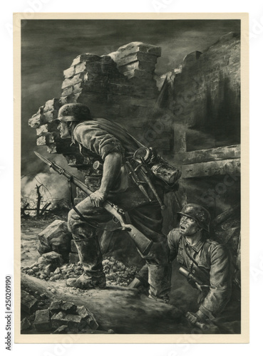 Historical postcard: "Grenadiers". German soldiers in full gear in the ruins of the city. Artist Will Tschech, 1942, Germany, Third Reich