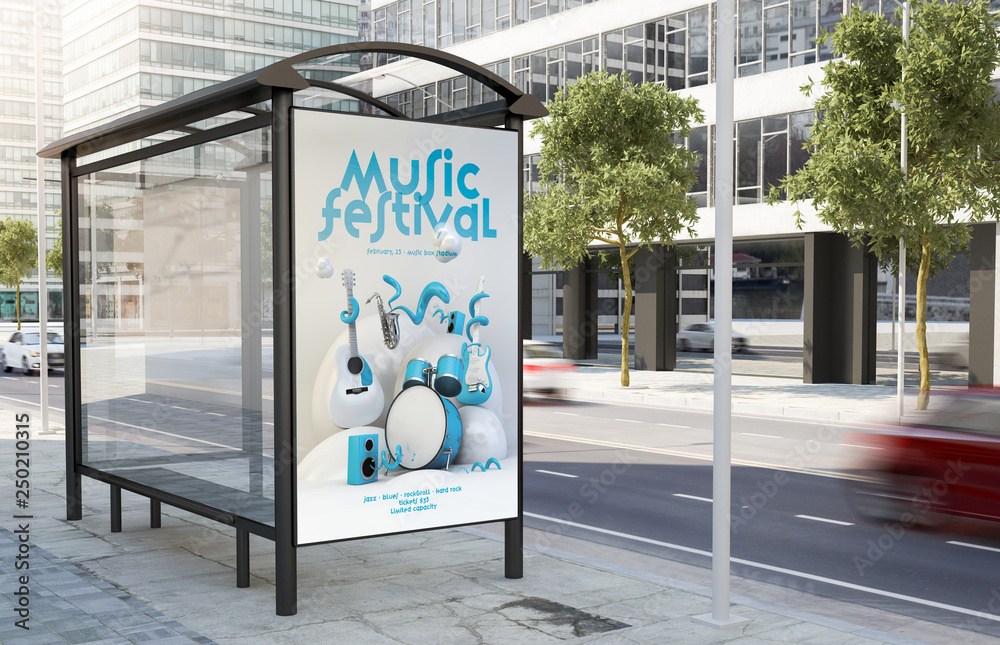 bus stop music festival billboard - obrazy, fototapety, plakaty 