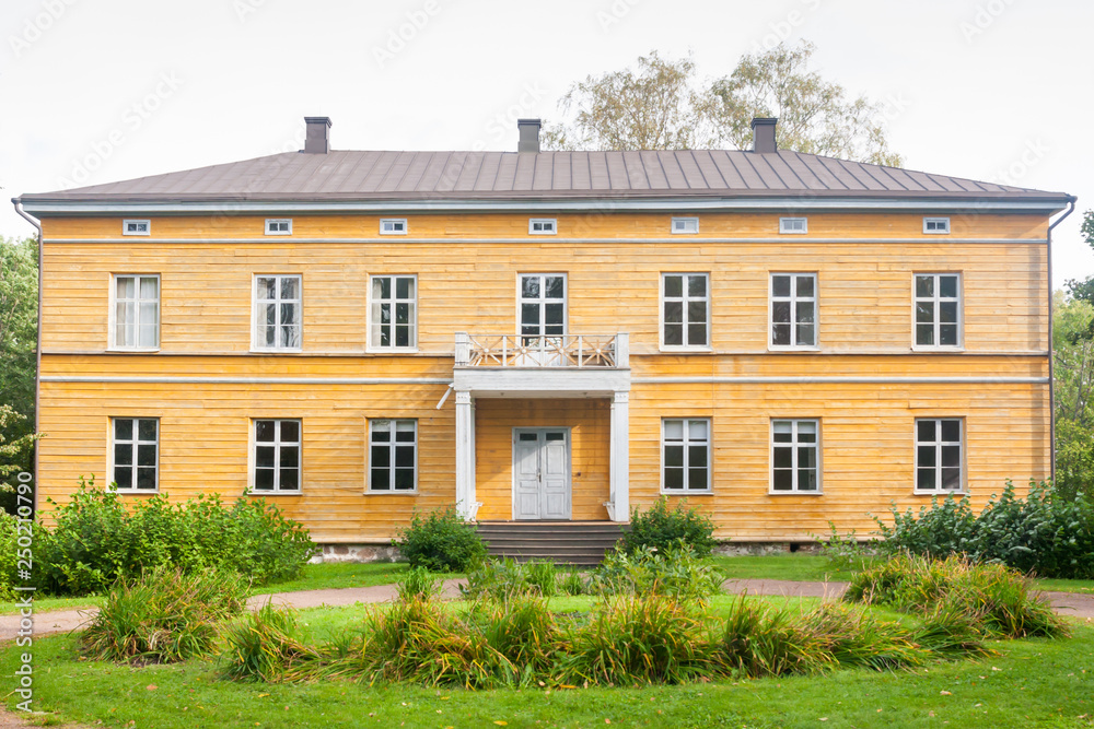 KOUVOLA, FINLAND - SEPTEMBER 20, 2018: Beautiful yellow old building of abandoned Anjala manor. The building was built at the turn of the 19th century and belonged to the Wrede family from 1837