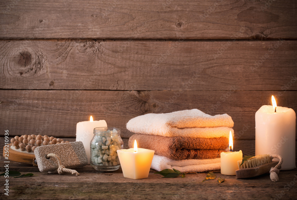 Beautiful composition of spa treatment on dark wooden  backgroun
