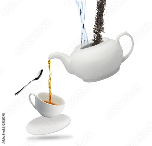 one white tea pot pours tea into a mug and spoon isolated on white background