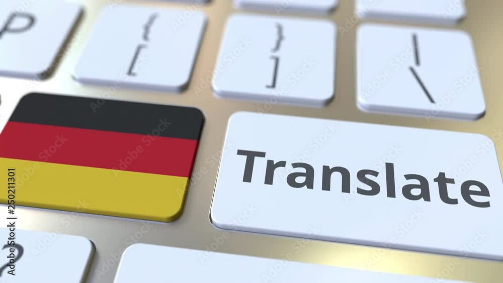 TRANSLATE text and flag of Gemany on the buttons on the computer keyboard. Conceptual 3D animation