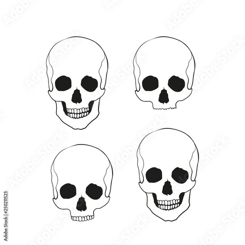 Icon set of isolated skulls in doodle style.