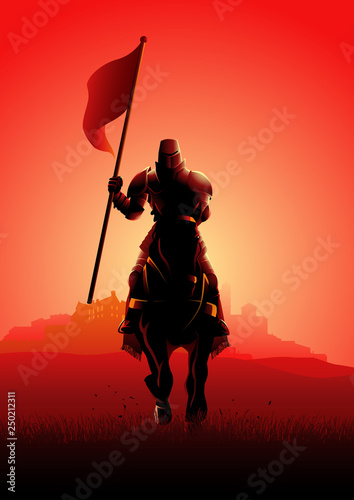 Medieval knight on horse carrying a flag