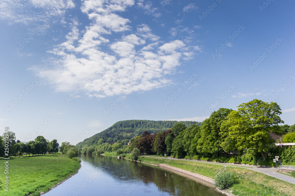 River Weser and the landscape of the Weserbergland near Hoxter, Germany River Weser and the landscape of the Weserbergland near Hoxter, Germany