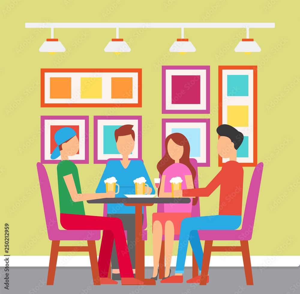 Friends gathered in bar drinking beer pint vector. Man and woman having fun at pub with colorful interior. design of place to eat and have beverage