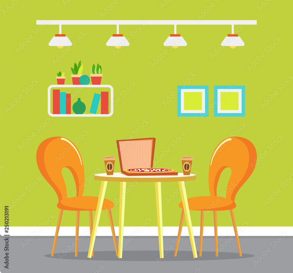 Pizza house with served food vector. Interior of pizzeria, picture in frame, shelf with books and printed materials. Coffee beverage in plastic cups Pizza house with served food vector. Interior of pizzeria, picture in frame, shelf with books and printed materials. Coffee beverage in plastic cups