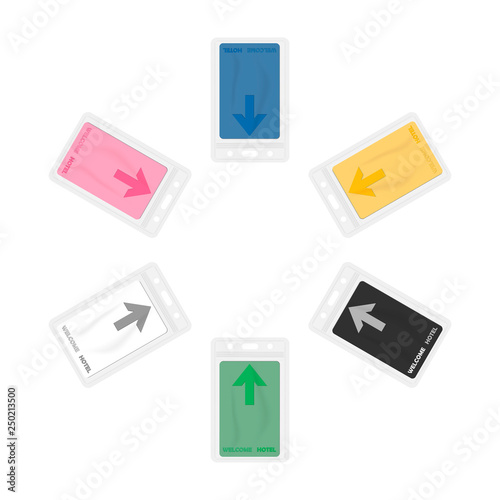 Clear plastic card holders with multicolored hotel keycards inside isolated on white background. Vinyl sleeve envelope with zip lock and hanging slot, vector template set
