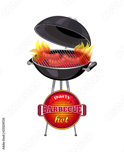 Party barbecue hot poster with text. Mangal roaster with frankfurters roasting on grill griddle. Brazier grilling sausages and isolated icon vector